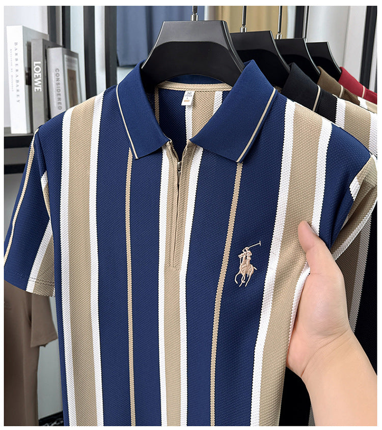 Navy blue and cream short sleeve polo zip collar close-up