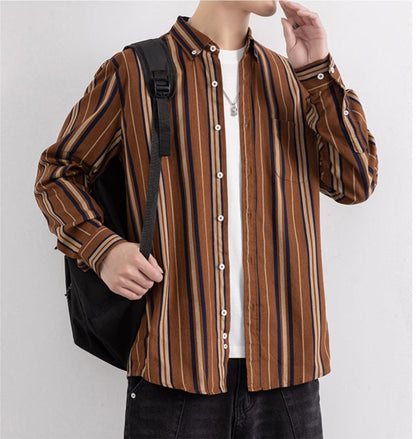 Wrap Wolf rust brown striped full sleeve shirt styled with a black backpack