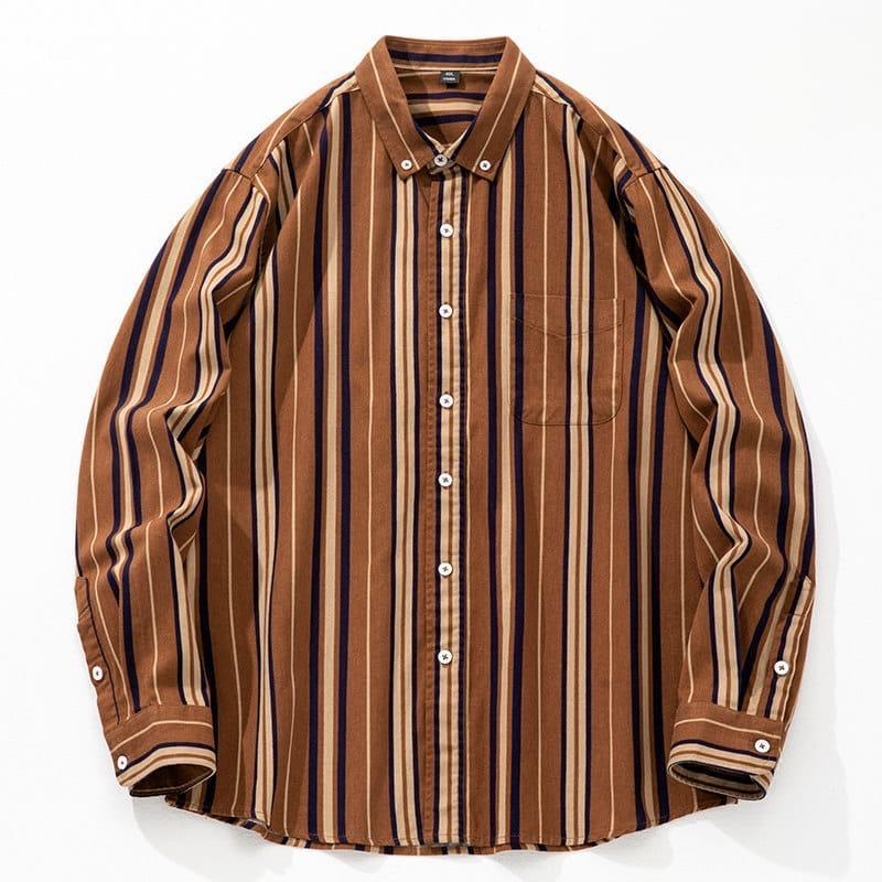 Flat lay of Wrap Wolf rust brown multicolor vertical striped button down shirt with chest pocket