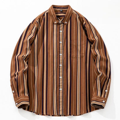Flat lay of Wrap Wolf rust brown multicolor vertical striped button down shirt with chest pocket