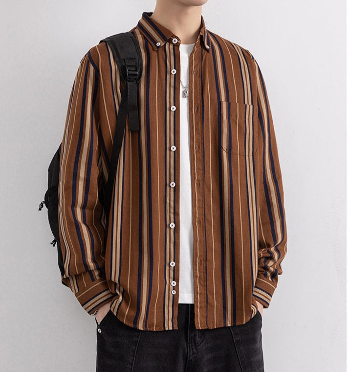 Wrap Wolf rust brown striped shirt worn open over white tee