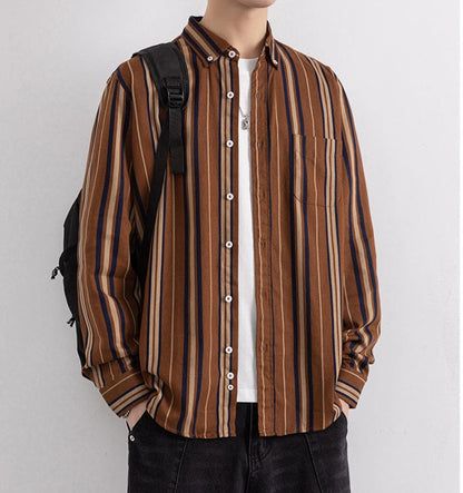 Wrap Wolf rust brown striped shirt worn open over white tee