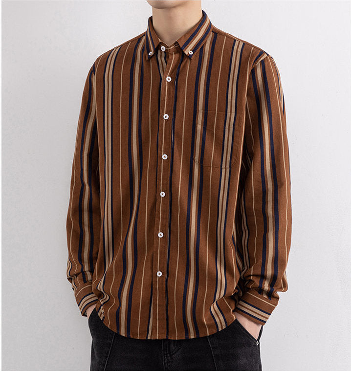 Front model view of Wrap Wolf rust brown multicolor vertical stripe full sleeve shirt