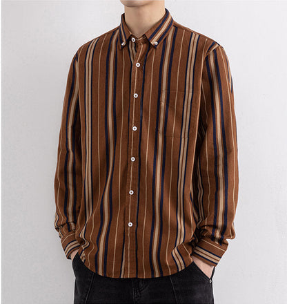 Front model view of Wrap Wolf rust brown multicolor vertical stripe full sleeve shirt