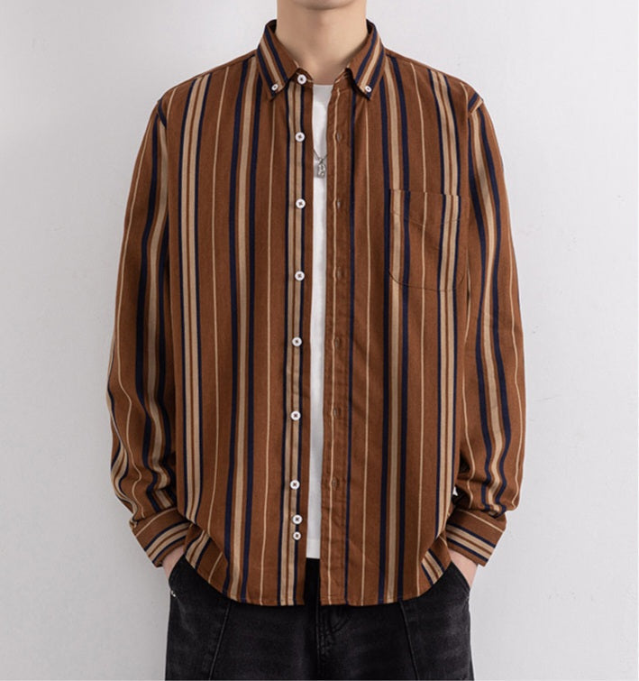 Wrap Wolf rust brown multicolor vertical stripe men's shirt model standing