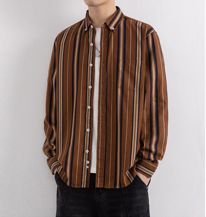 Wrap Wolf rust brown stripe full sleeve shirt styled with black trousers