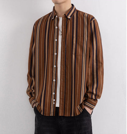 Wrap Wolf rust brown stripe full sleeve shirt styled with black trousers