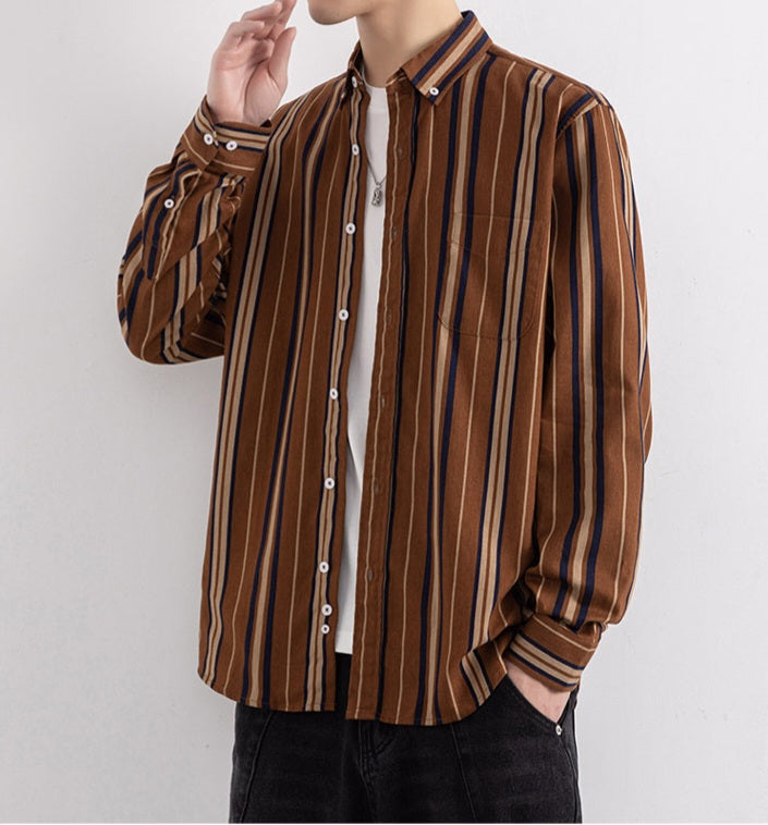 Three quarter model view of Wrap Wolf rust brown vertical stripe shirt