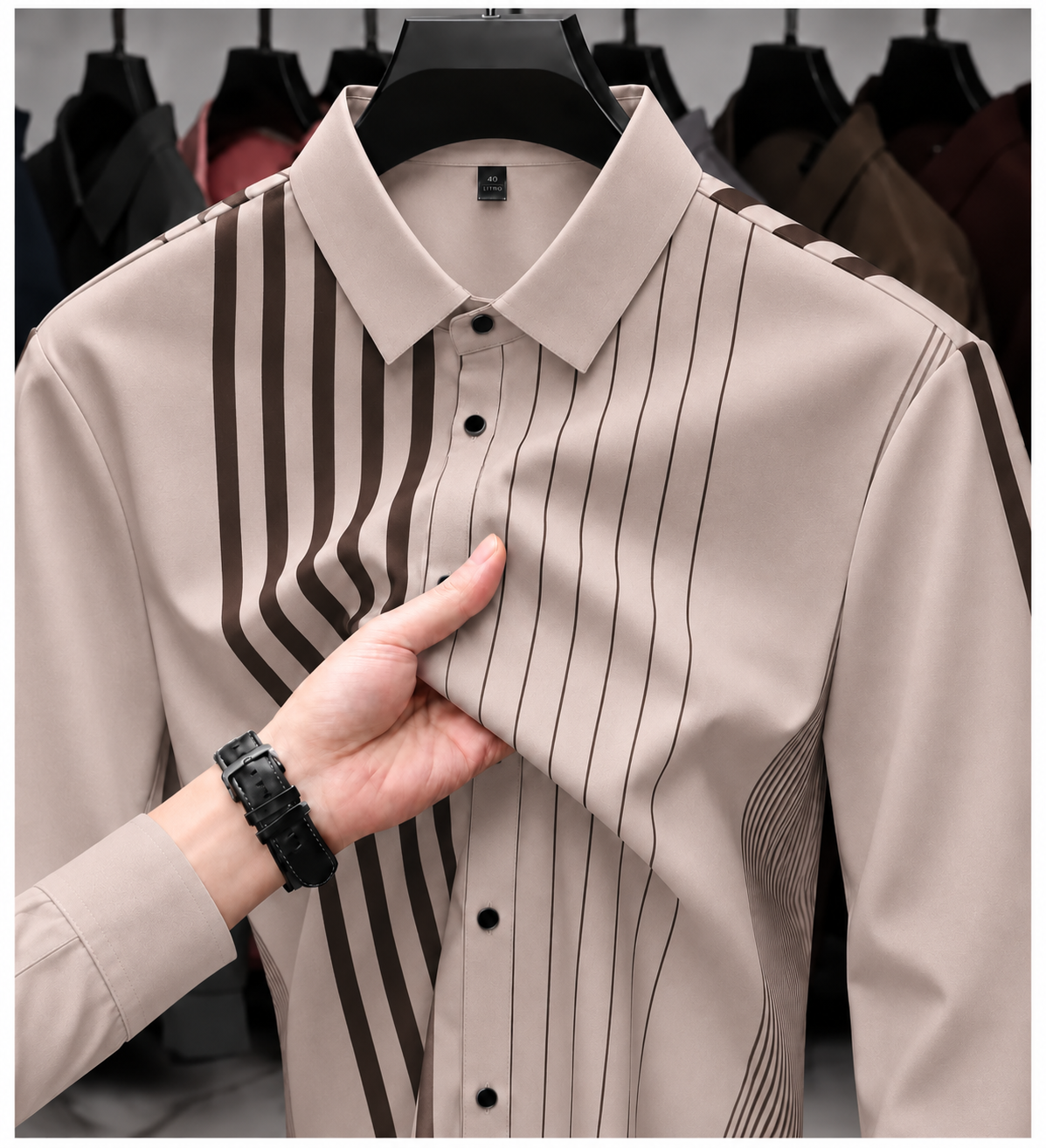Close-up of light taupe Wrap Wolf full sleeve shirt showing spread collar, dark brown asymmetric stripes and buttons