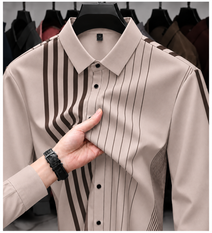 Close-up of light taupe Wrap Wolf full sleeve shirt showing spread collar, dark brown asymmetric stripes and buttons