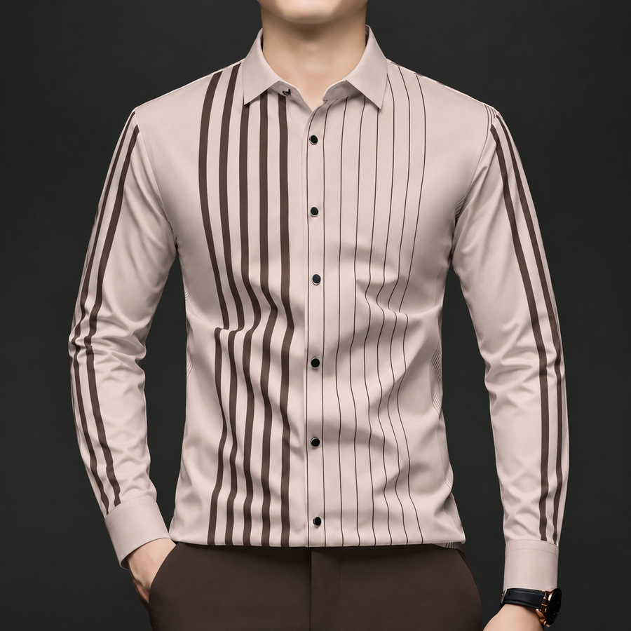 Light Taupe Linear Full Sleeve Regular Fit Office Wear Shirt