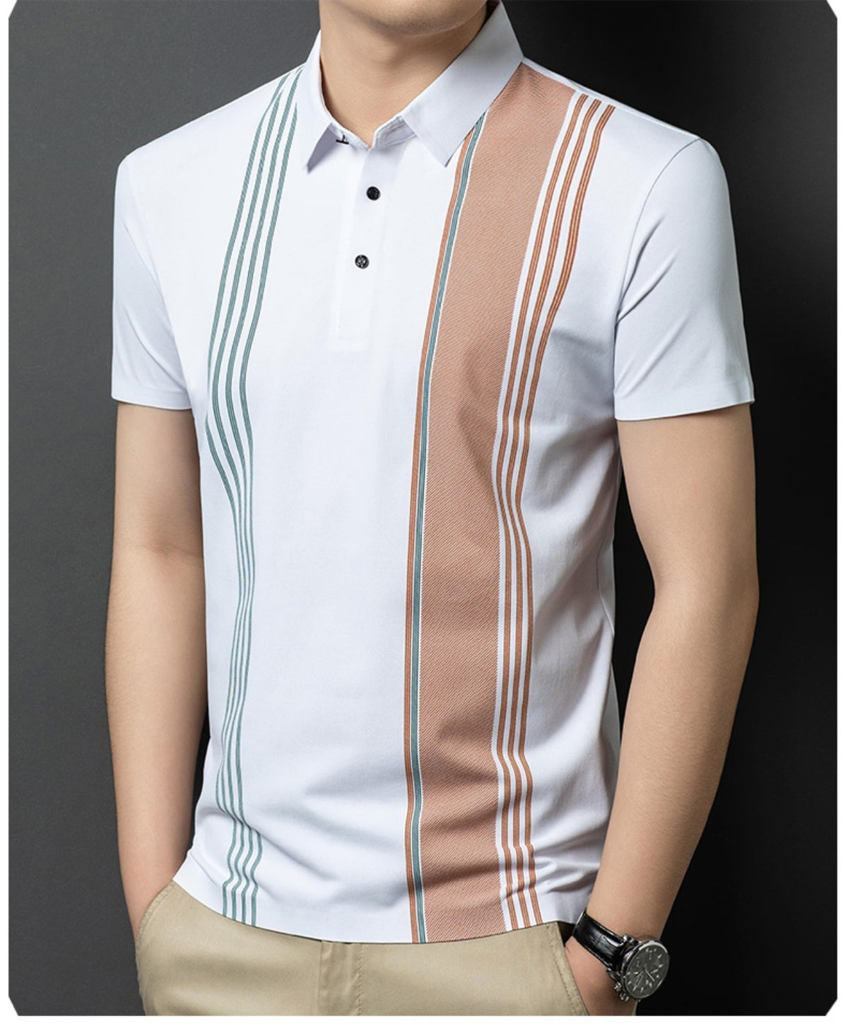 Angled view of Wrap Wolf white polo with teal and tan brown asymmetric vertical stripes