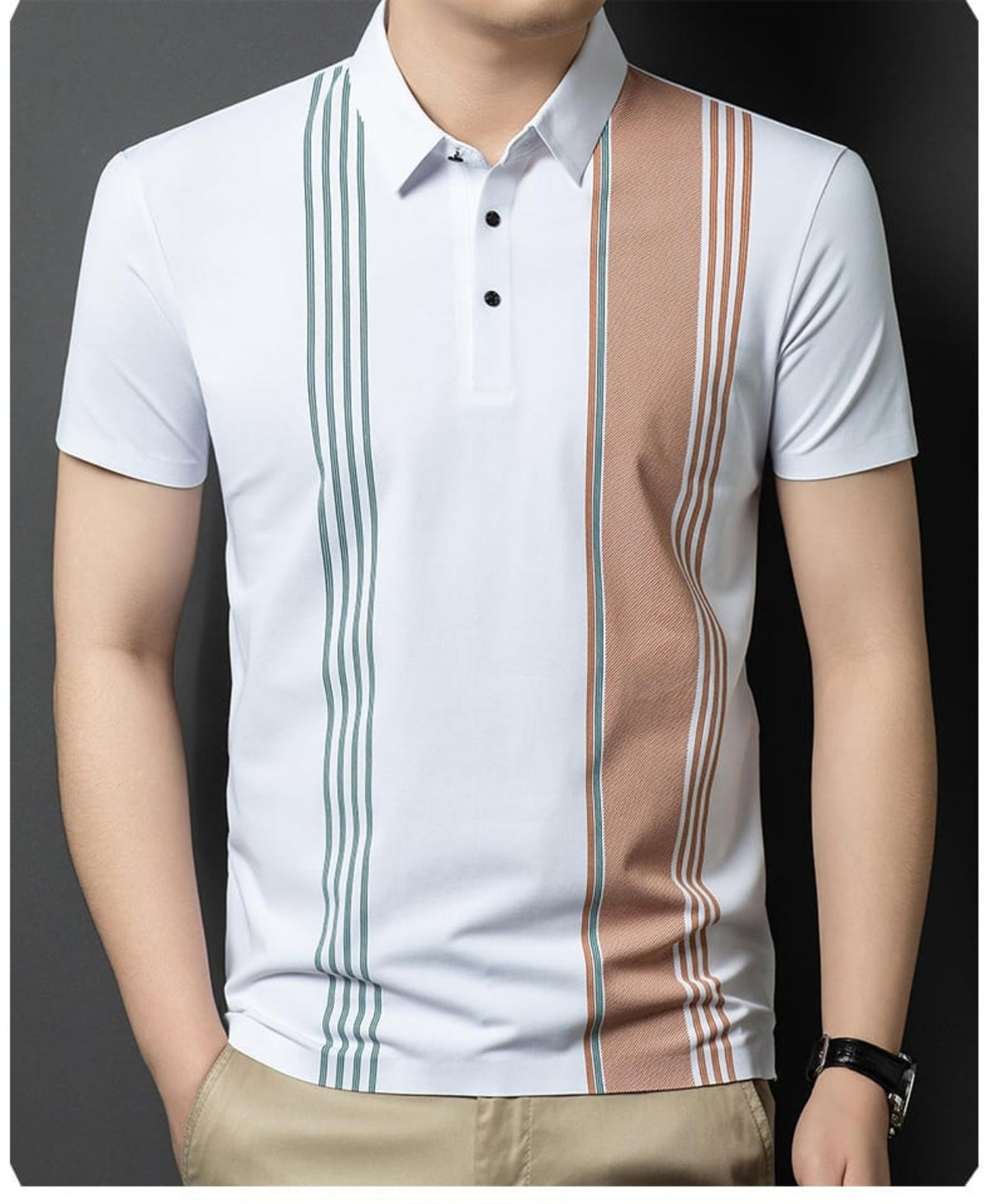 Front view of Wrap Wolf white short sleeve polo with teal and tan brown stripe panel design