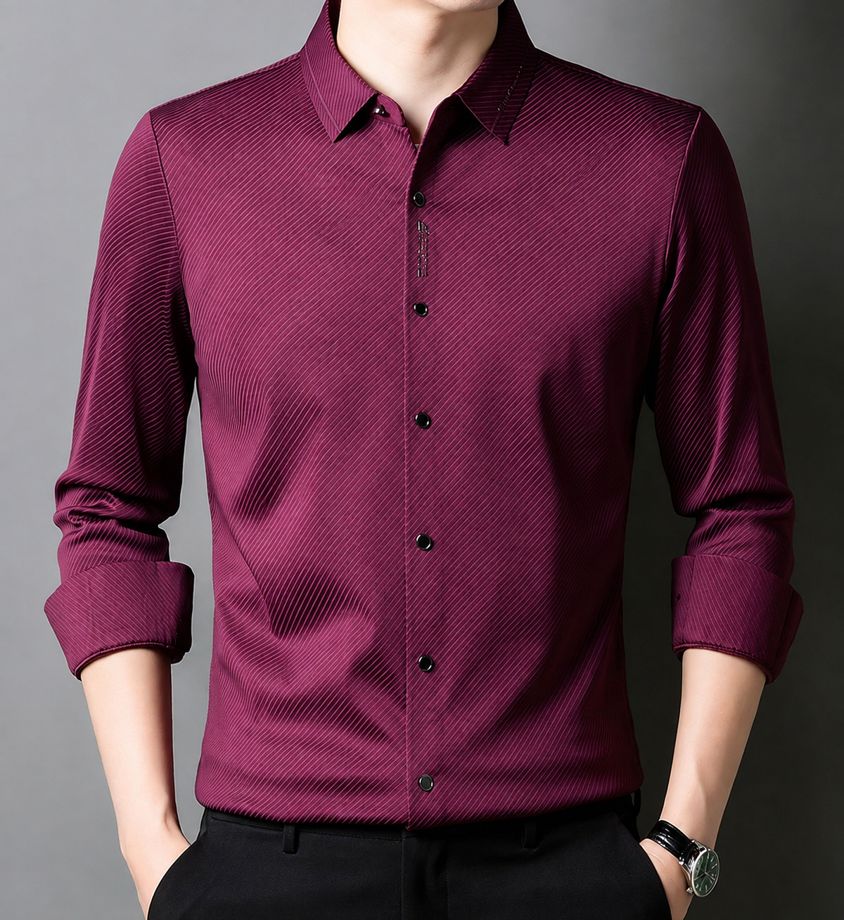 Front view of Wrap Wolf men's wine diagonal stripe stretch shirt
