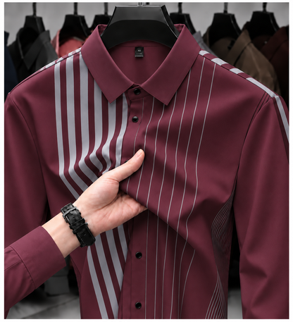 Close-up of Wrap Wolf wine burgundy full sleeve shirt showing grey linear stripe pattern, spread collar and black buttons