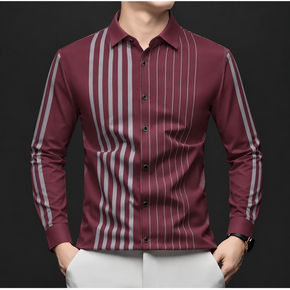 Front view of Wrap Wolf men's wine burgundy full sleeve shirt with light grey asymmetric vertical linear stripes