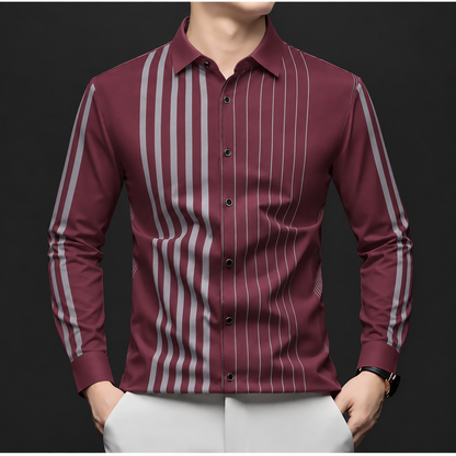 Front view of Wrap Wolf men's wine burgundy full sleeve shirt with light grey asymmetric vertical linear stripes