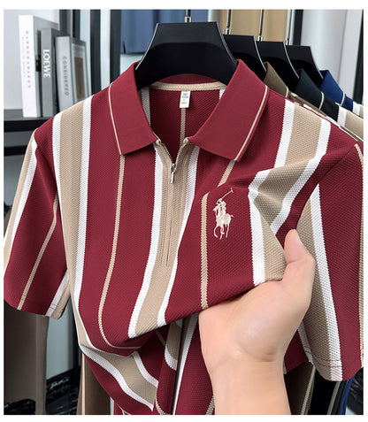 Detail of wine maroon and cream vertical stripes on short sleeve zip polo