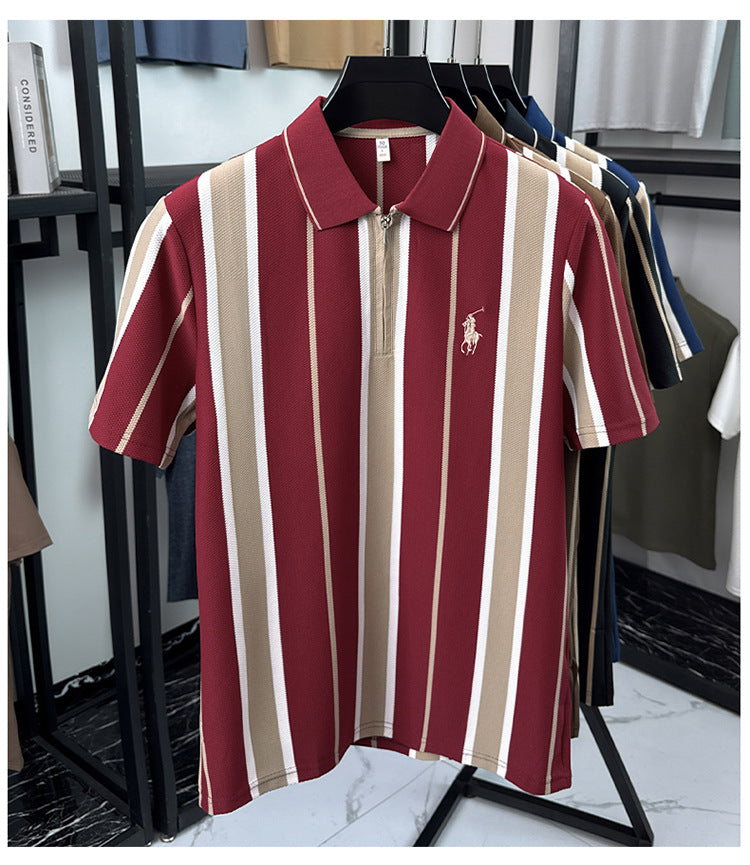 Wine Maroon Cream Vertical Stripe Textured Knit Zip Polo T-Shirt